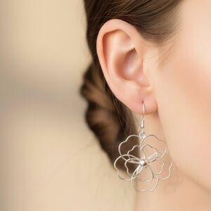 Flower Dangle Earrings & Pendant Set 925 Sterling Silver Floral Jewelry